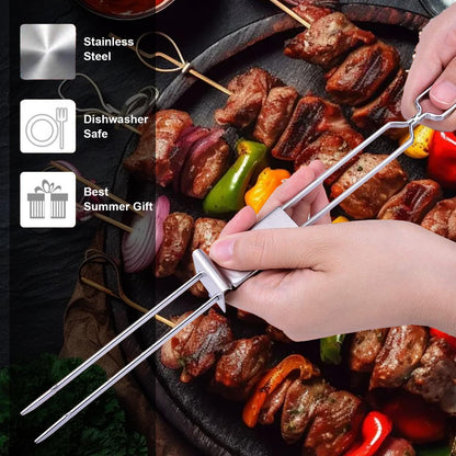SHIKORI Kabob Skewers,13 inch Metal Skewers for Kabobs with Push Bar Skewers for Grilling Double Fork Anti-Roll Kebab skewers Stainless Steel Flat BBQ Skewers for Meat (12 Pcs)