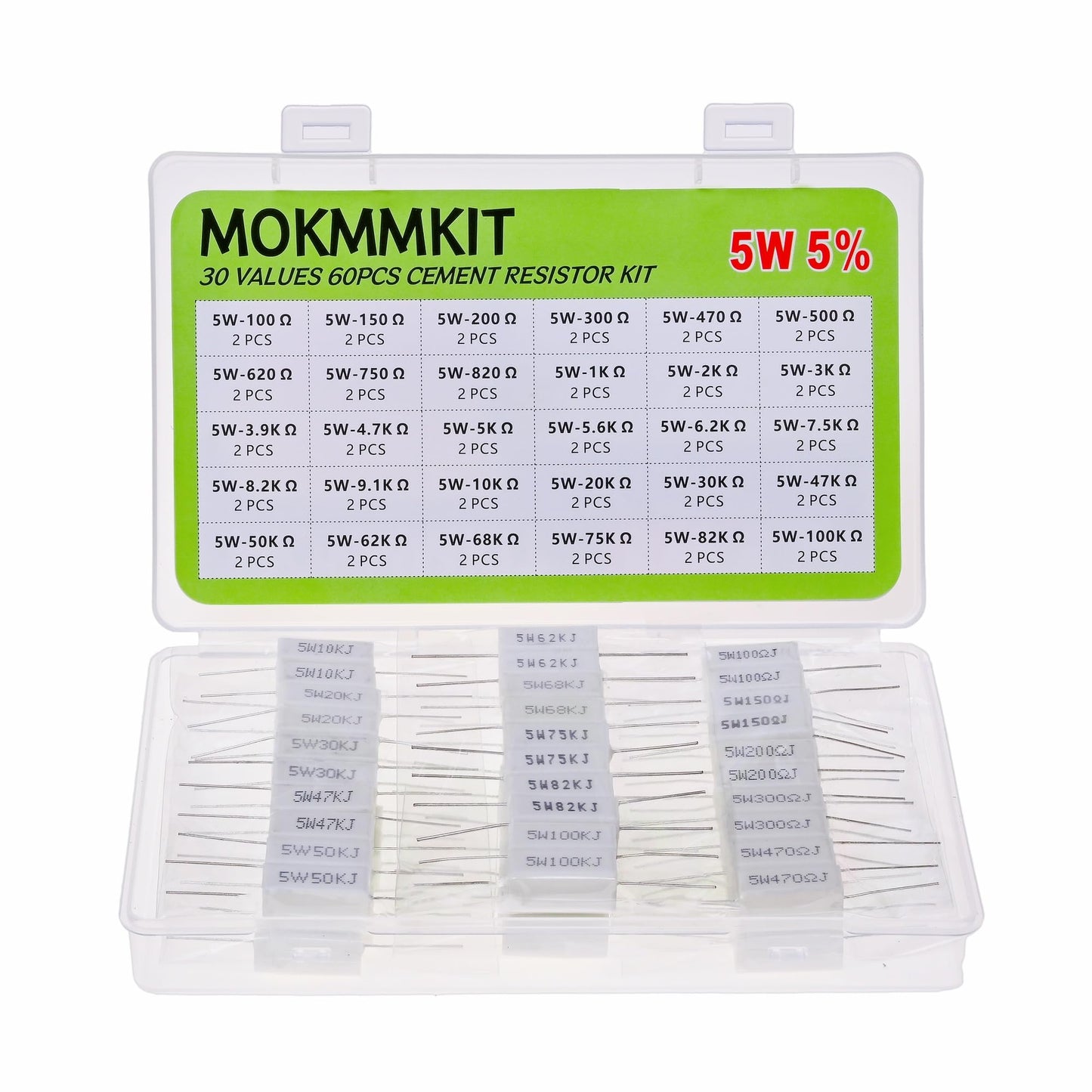 MOKMMKIT 30 Values 60 Pieces Ceramic Cement Resistor KIT 5W Resistance 5 Watt ±5% Power Resistors (100 ohm-100K ohm）