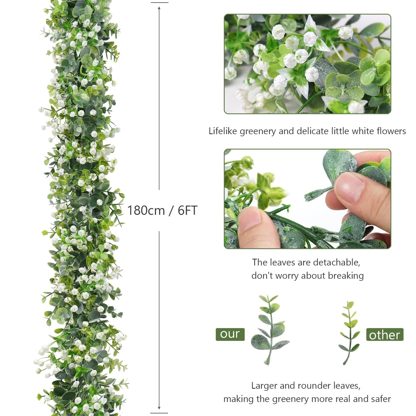 SOMYTING Artificial Eucalyptus Garland with White Flowers, 2 Packs 6Ft Artificial Greenery Garland Fake Hanging Flower Garland Plant Artificial Vines for Wedding Backdrop Arch Wall Table Decor