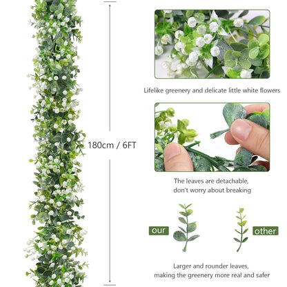 SOMYTING Artificial Eucalyptus Garland with White Flowers, 2 Packs 6Ft Artificial Greenery Garland Fake Hanging Flower Garland Plant Artificial Vines for Wedding Backdrop Arch Wall Table Decor