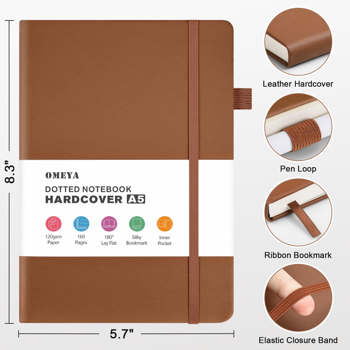 Bullet Dotted Journal Notebook 4 Pack: 160 Pages Per Pack, A5 Medium Size(5.75" × 8.38"), 120 GSM Thick Paper, Leather Dotted Notebook, Hardcover Dot Grid Notebook, Dot Journal for Wrting, Gift