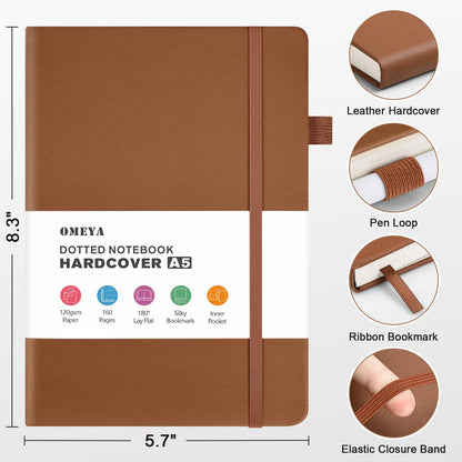 Bullet Dotted Journal Notebook 4 Pack: 160 Pages Per Pack, A5 Medium Size(5.75" × 8.38"), 120 GSM Thick Paper, Leather Dotted Notebook, Hardcover Dot Grid Notebook, Dot Journal for Wrting, Gift