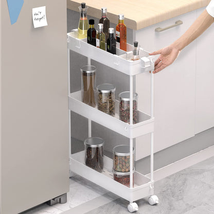 SPACELEAD Slim Storage Cart,3 Tier Bathroom Rolling Utility Cart Storage Organizer Slide Out Cart, Mobile Shelving Unit Organizer Trolley for Office Bathroom Kitchen Laundry Room Narrow Places, White