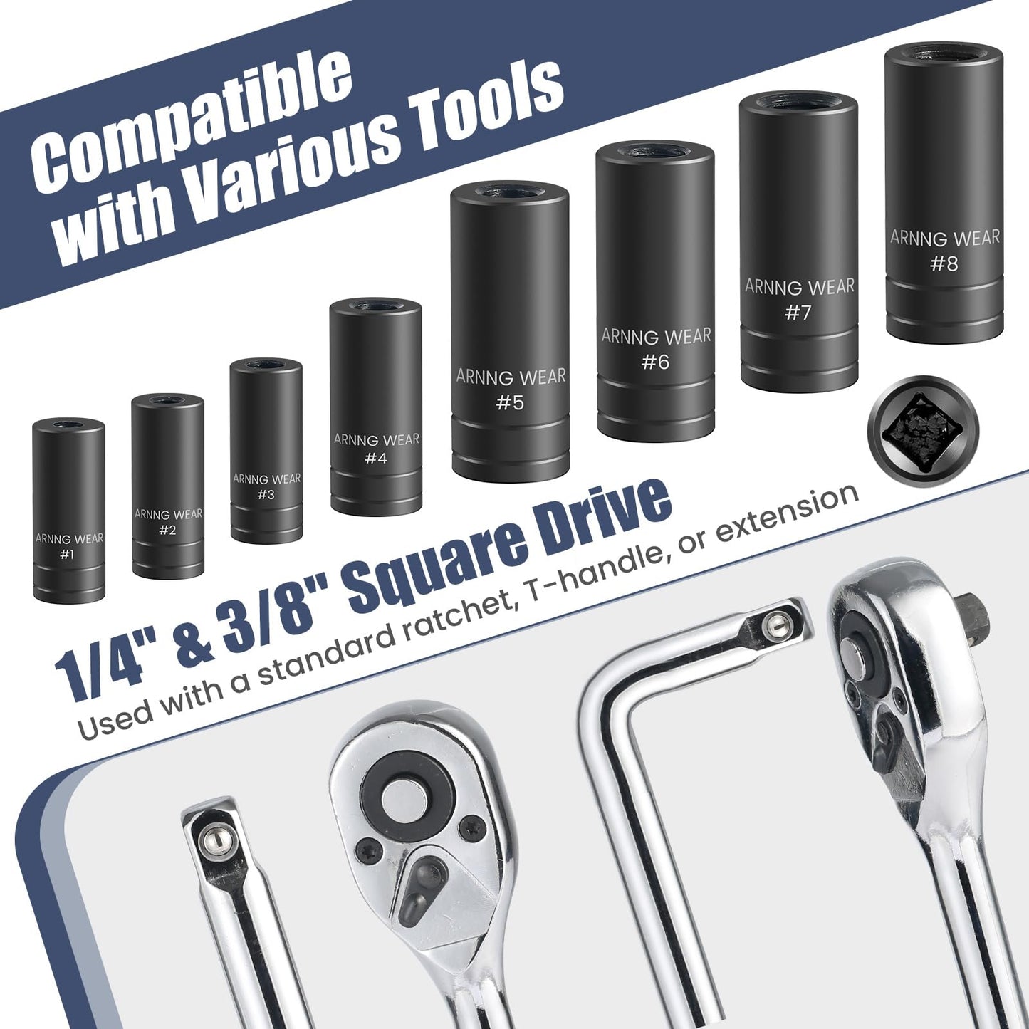 Saipor 8pcs Tap Socket Set, 1/4" & 3/8" Square Drive Tap Sockets Adapter, Compatible with All M.C.T.I. Taps Up to 1/2", Fit for 1/8" NPT Taps and Metric Taps Thru 12mm