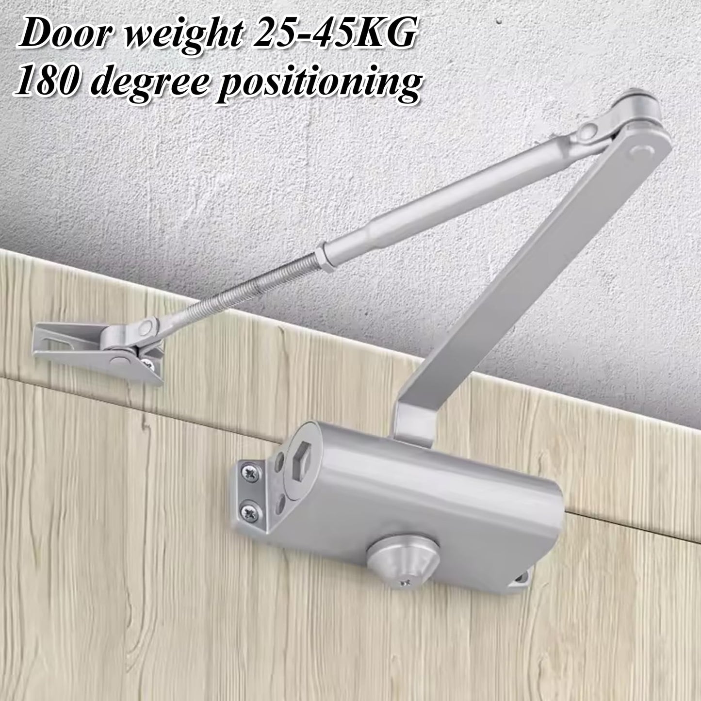 Automatic Door Closer for Home Adjustable Spring Hydraulic Door Closer Aluminum Finish Automatic Door Closing Commercial & Home Use for 45KG Middle-Weight Door (180 Degree Positioning)