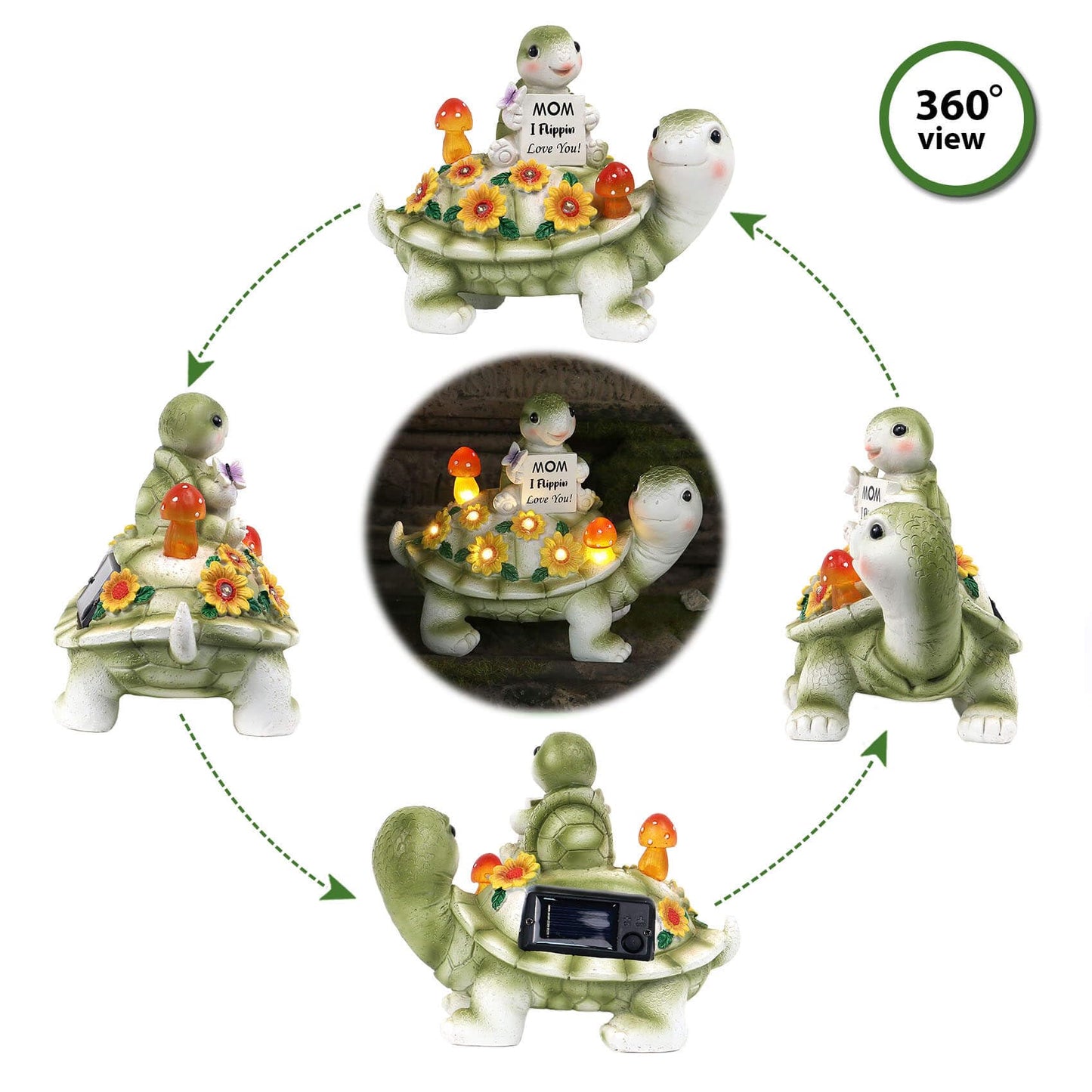 Solar Turtle Garden Statue 7.5 inches, I Flippin Love You Tortoise Figurine with 7 LED Lights, Outdoor Lawn Decor for Patio, Yard, Balcony, Birthday for Mom, Grandma, Women