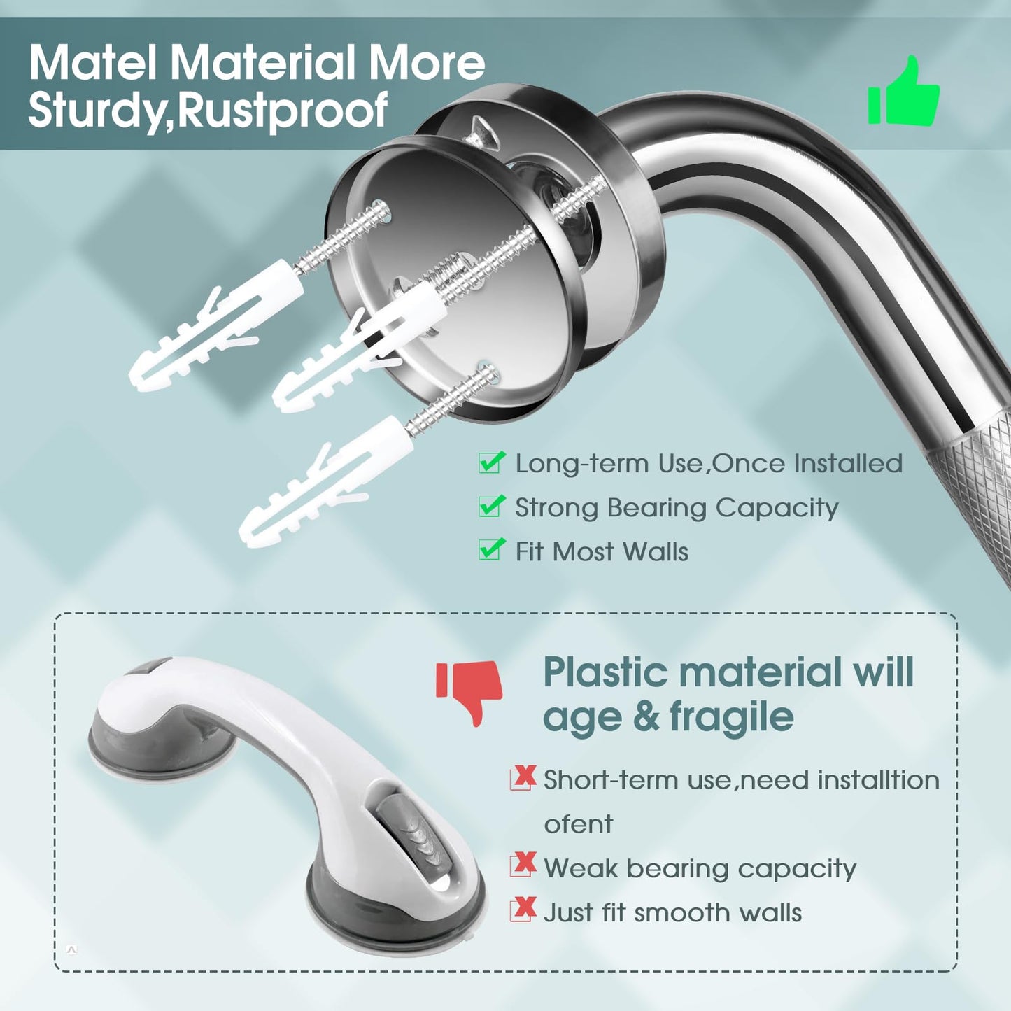 2 PCS Shower Grab Bar, 16 Inch Anti-Slip Bathroom Grab Bars Shower Handle, Chrome SUS 304 Stainless Steel Bath Safety Rail Support for Elderly, Injury, Pregnant