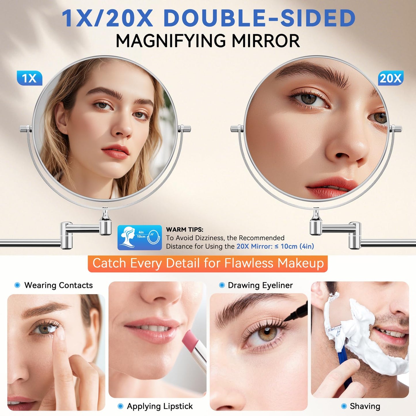 Auxmir 20X/1X Wall Mounted Makeup Mirror, 8" Double-Sided Magnifying Mirror with Tweezers, Bathroom Vanity Makeup Mirror, Cosmetic Mirror with 360° Swivel Extendable Arm, Chrome
