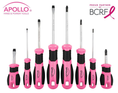 Apollo Tools Pink 8 Piece Essential Screwdriver Set Phillips and Slotted with Magnetic Tips and Non-Slip Comfort Handles. Includes Stubby Screwdrivers for Tight Spaces - Pink Ribbon - Pink - DT5018P
