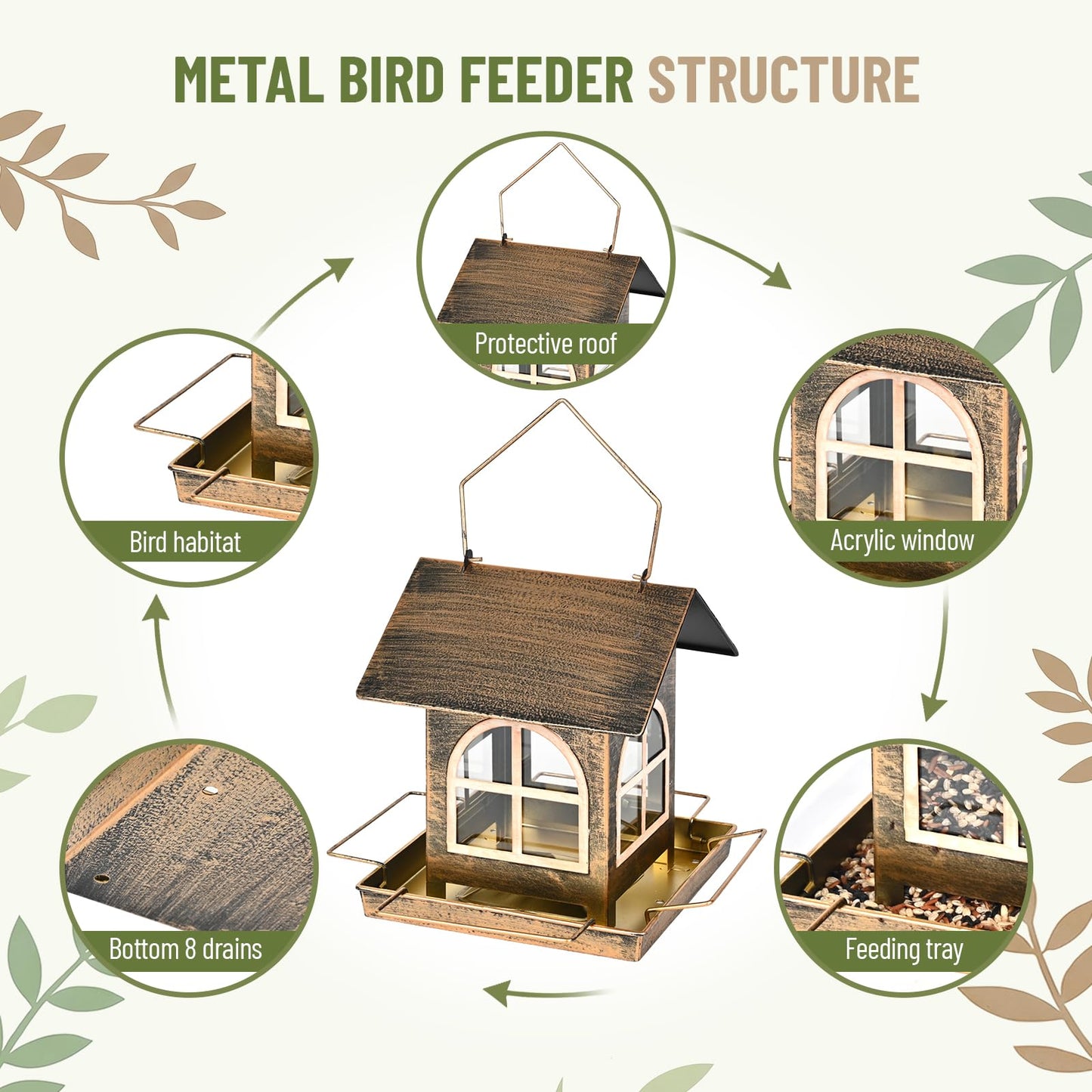 Bird Feeders Outdoor Hanging, Metal Squirrel Proof Wild Bird Feeder with Drainage Holes, Mangeoire Oiseaux Exterieur, Easy to Clean, Refill, Bronze Anti-Rust Decor for Garden