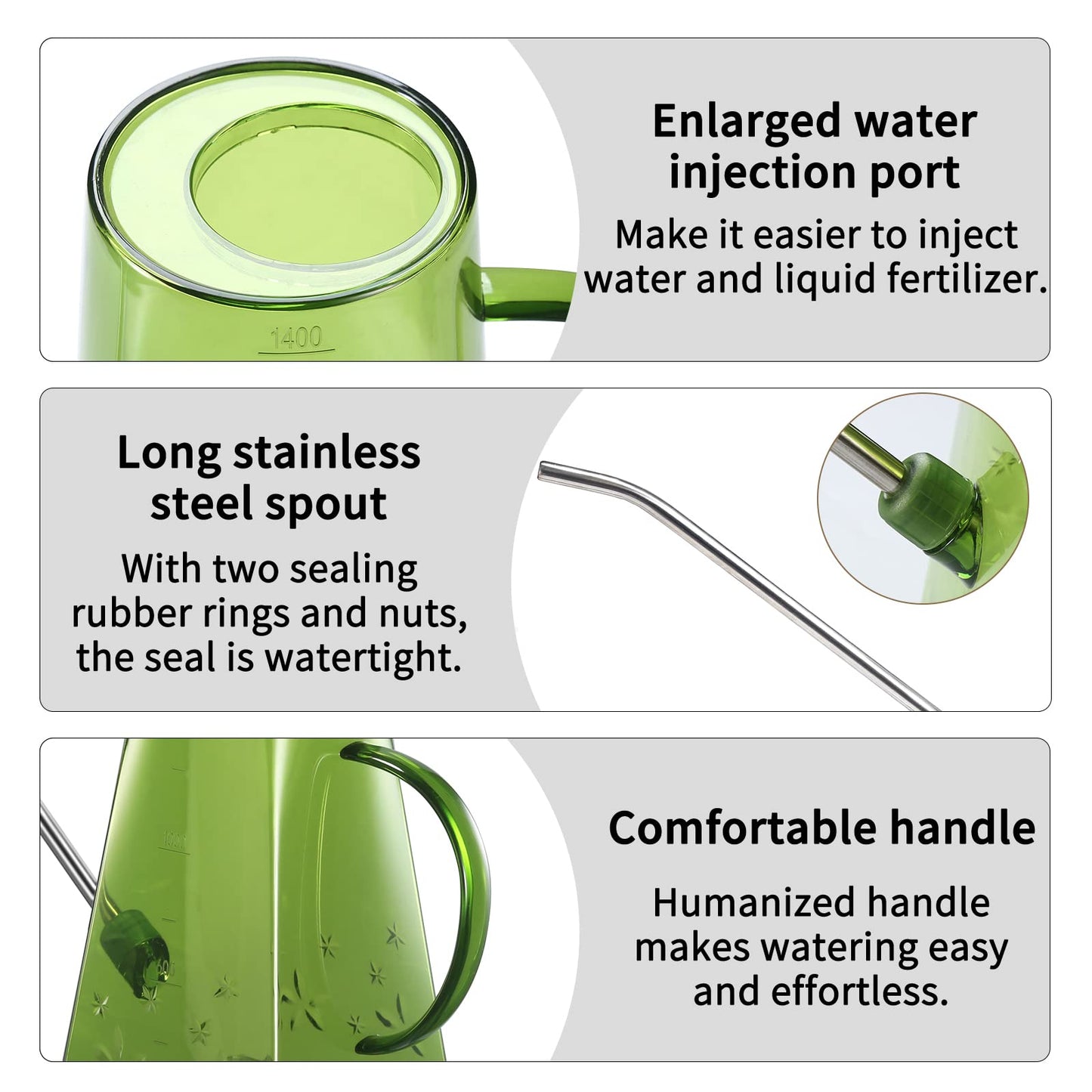 Watering Can, Goowin Watering Can Indoor Plants, Long Spout Small Watering Can for Indoor Outdoor Plants, 47 oz Indoor Plant Watering Can with Bonus 16 oz Spray Bottle & 8.5 oz Squeeze Bottle, Green