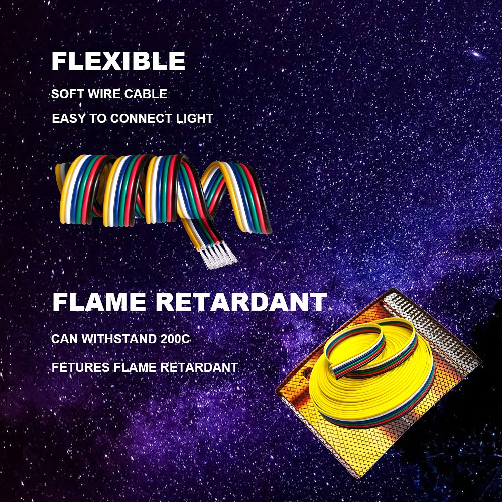 CARLITS 22AWG 6pin 65.6FT 20M RGBWW Extension Cable Wire Line Stranded Tinned Copper for 6 Colors RGBCCT LED Strip Lights 3528 5050