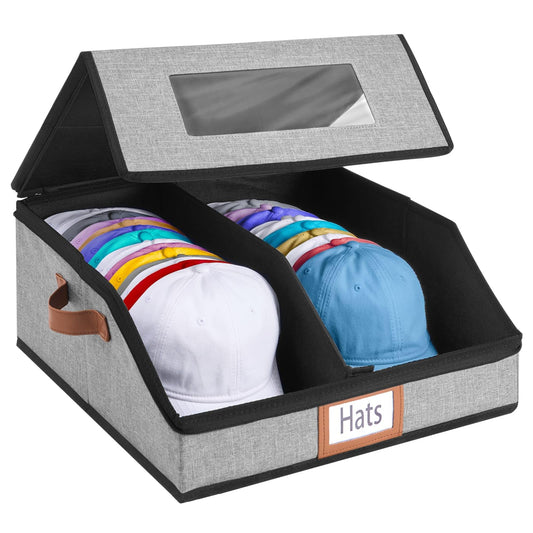 WERNNSAI Hat Storage Box for Men Women, Clear Window Hat Boxes Organizer Bag with Expanded Capacity, Holds up to 28 Hats Case with Lid for Baseball Caps Travel Closet, Grey
