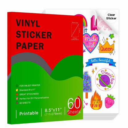Ruibytree Printable Clear Vinyl Sticker Paper for Inkjet Printers, 60 Sheets Transparent Paper of 8.5x11 DIY Personalized Self-Adhesive Paper that is Tear Resistant, Waterproof Labels, Easy to Cut