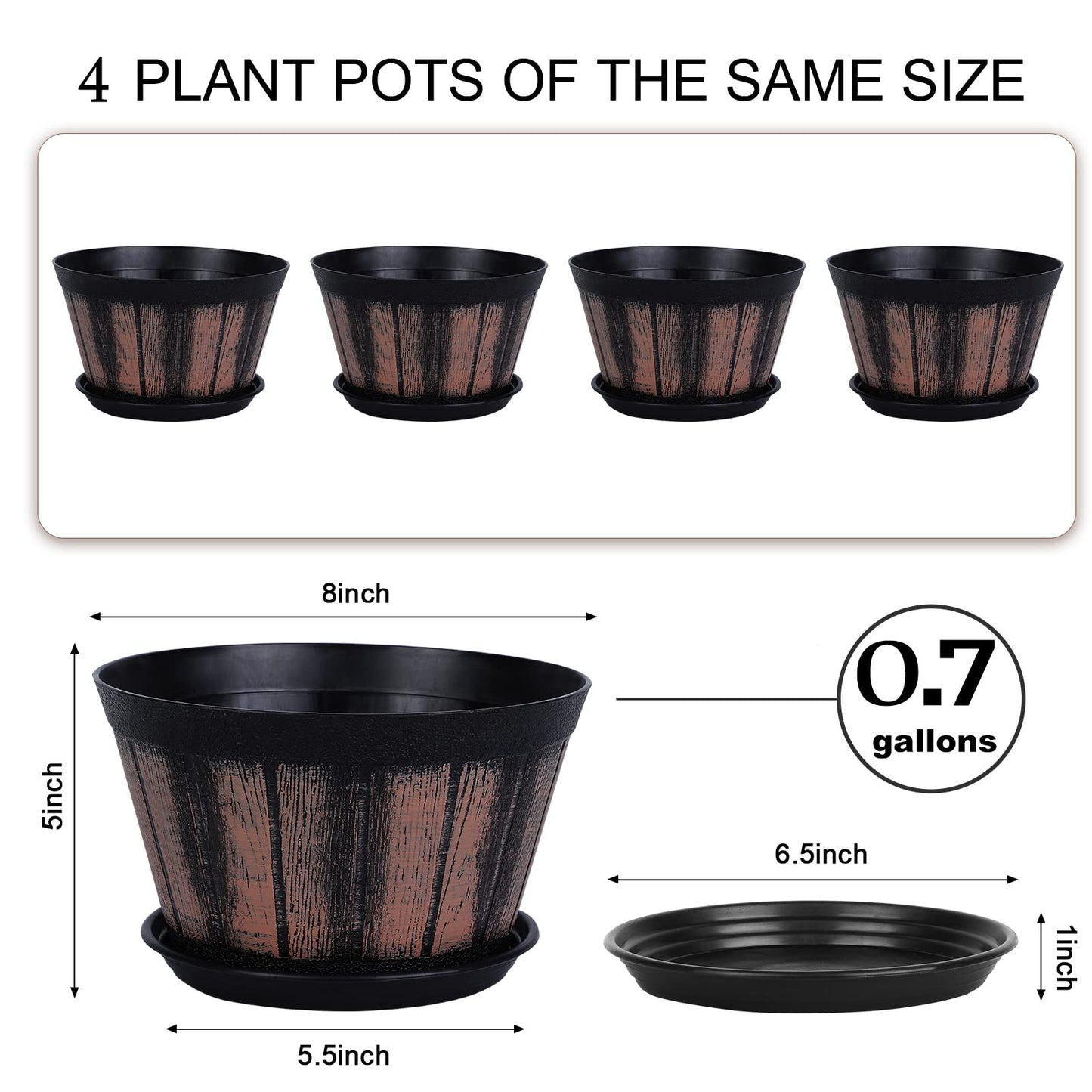 Quarut Plant Pots Set of 4 Pack 8 inch.Whiskey Barrel Planters with Drainage Holes & Saucer.Plastic Decoration Flower Pots Imitation Wine Barrel Design,Canbe for Indoor & Outdoor Garden Home Plants.