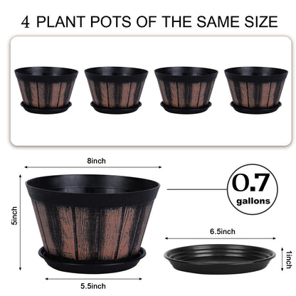 Quarut Plant Pots Set of 4 Pack 8 inch.Whiskey Barrel Planters with Drainage Holes & Saucer.Plastic Decoration Flower Pots Imitation Wine Barrel Design,Canbe for Indoor & Outdoor Garden Home Plants.