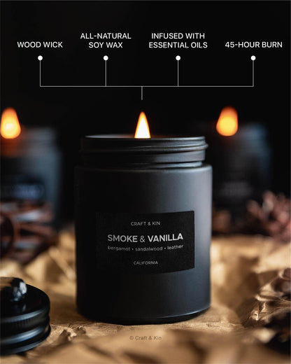 Craft & Kin Scented Black Candles for Men | Premium Smoke & Vanilla Scented Candles | Long Lasting Candle with 45 Hour Burn Time, 7.6oz