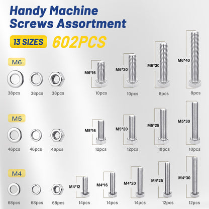 602PCS Metric Nuts and Bolts Assortment Kit - Heavy Duty M4 M5 M6 Stainless Steel Screws Assortment, Assorted Machine Screw Set with Flat & Spring Washers, Hex Head Cap Screws Bolts and Nuts Kit