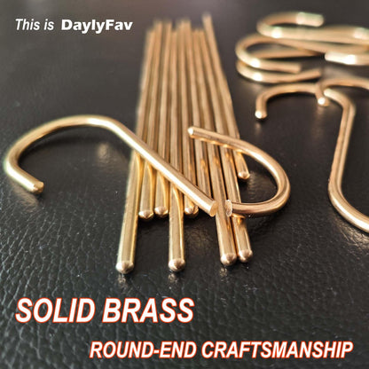 Solid Copper Brass S Hooks - 20 Pack, Pan Pot Holder Rack Hangers Round-End Gold S Shaped Hooks for Hanging Coffee Mugs Kitchenware Utensils Rail Jeans Pants Clothes Bags Plants