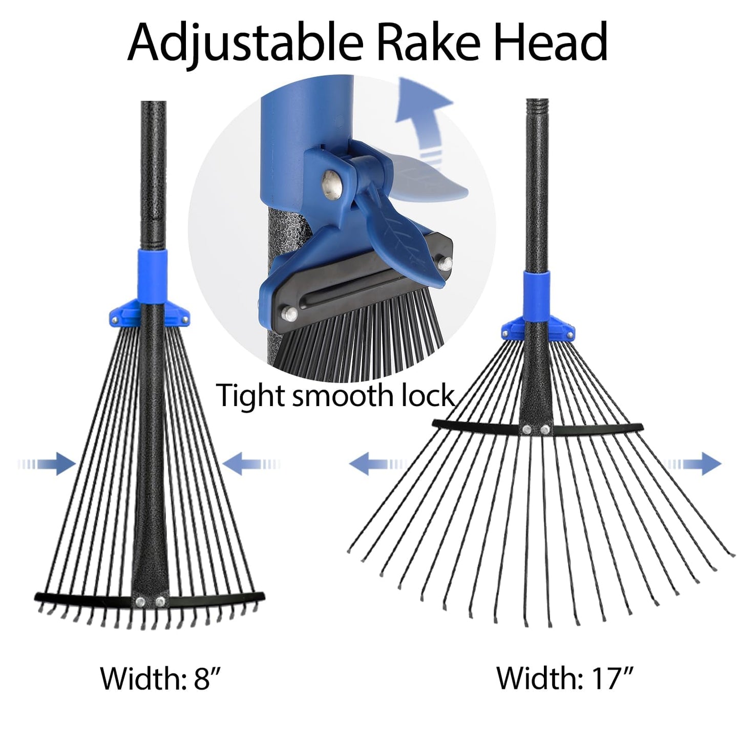 Adjustable Garden Leaf Rake 56 inch, Collapsible Metal Yard Rake for Leaves with Expandable Head 7-16", Collect Loose Debris for Lawns Camping Shrubs and Rose Bushes Heavy Duty