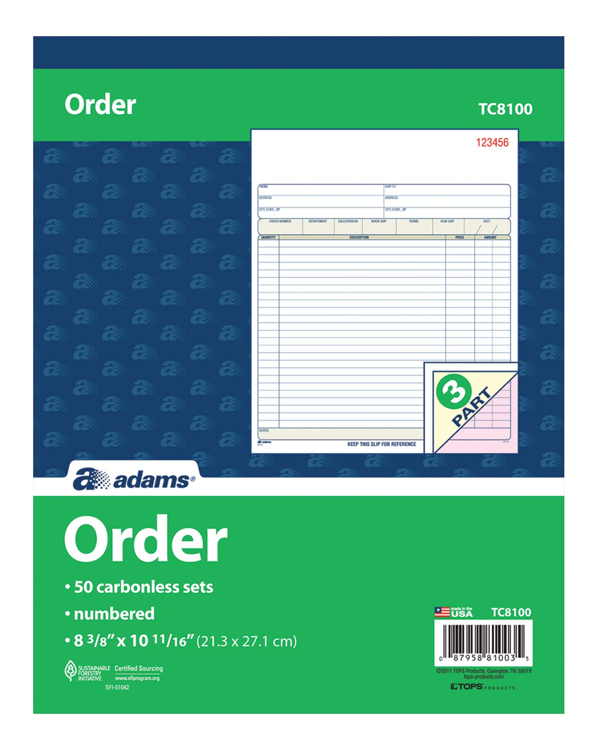Adams Order Book, 8.38 x 10.69 Inch, 3-Part, Carbonless, 50 Sets, White, Canary, Pink (TC8100)