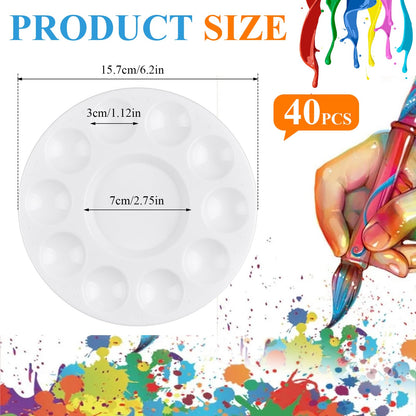 Supkiir 40pcs Plastic Paint Palette Tray, Round Watercolor Paint Tray with 10 Wells, Watercolour Palette Art Supplies for Acrylic Oil DIY Craft Painting Paints Brushes