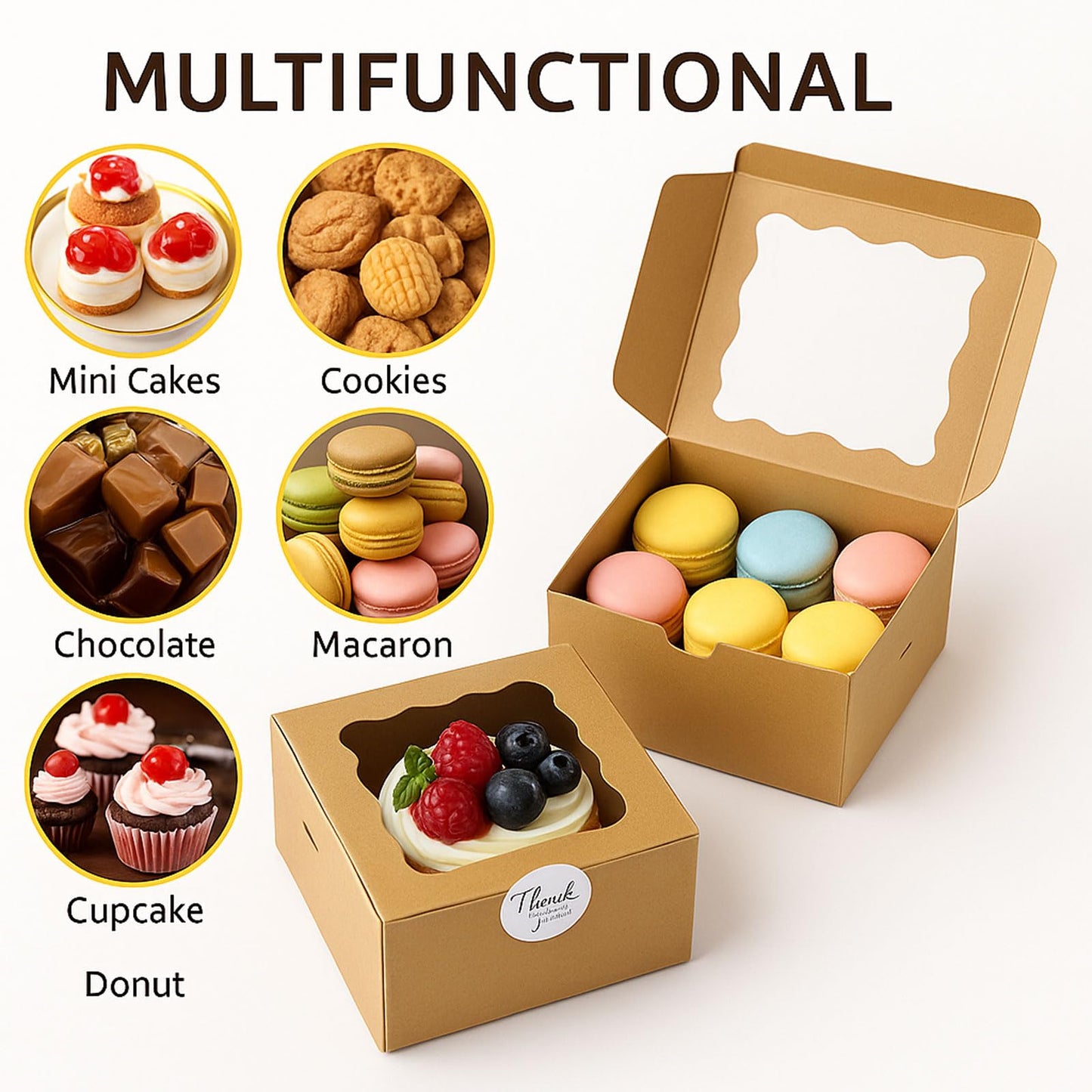 30 Pack Cake Boxes 6X6X3 Inch Small Pastry Box with Clear Window Kraft Cardboard Bakery Box with Stickers Perfect for Cake Treats Donuts,Chocolates,Candies Desserts