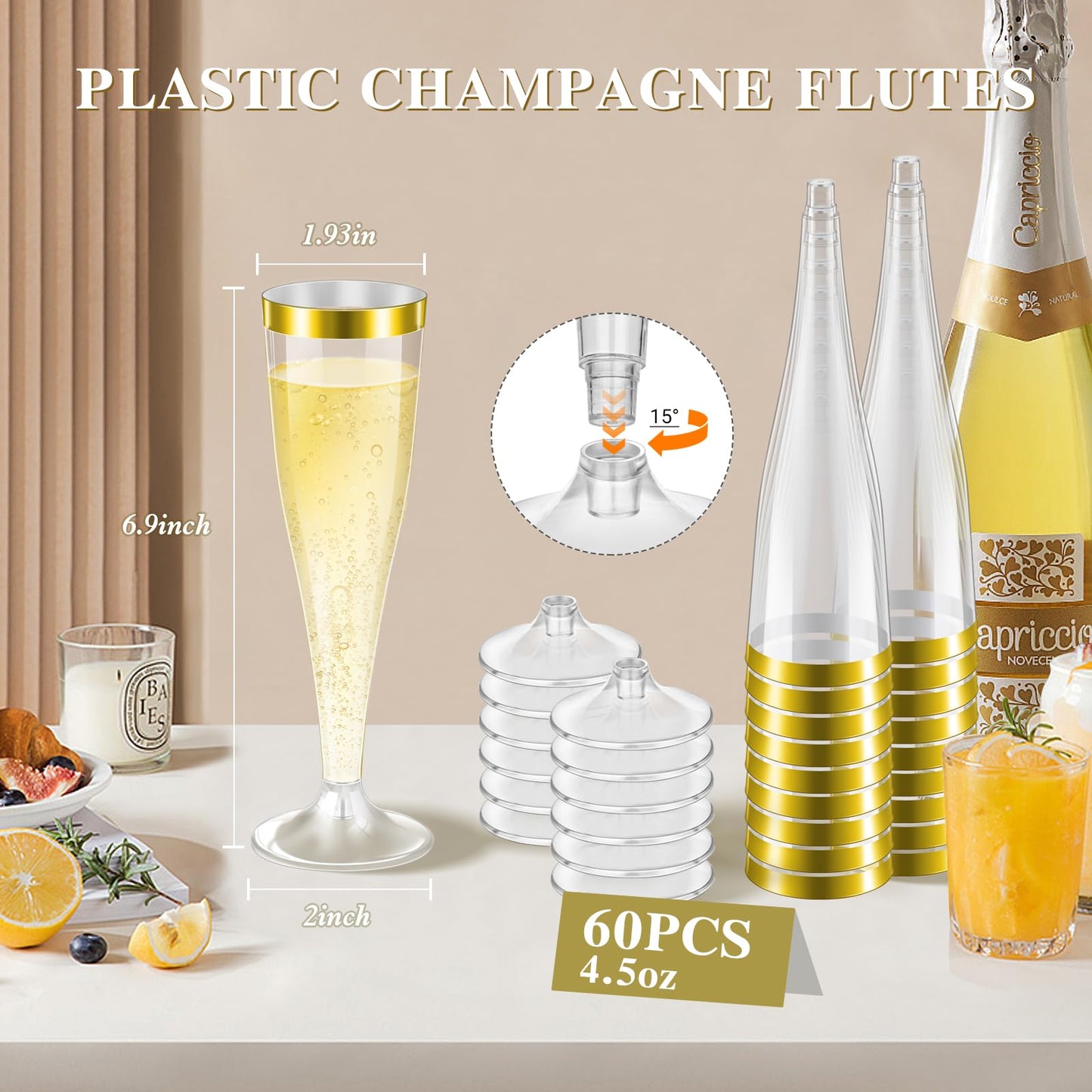 60 Pack Plastic Champagne Flutes, 4.5 OZ Clear Champagne Glasses with Gold Rim, Disposable Champagne Cups, Sturdy Plastic Toasting Glasses for Wedding Birthday Bridal Shower Party, Mimosa Bar Supplies