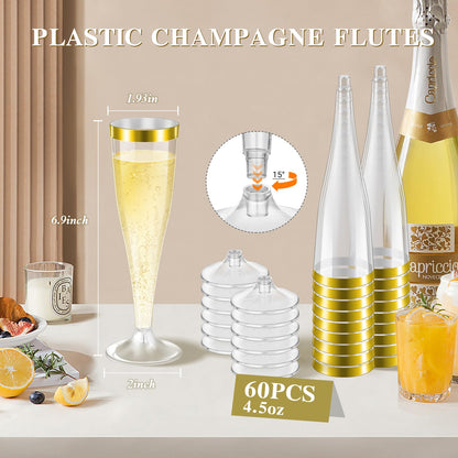 60 Pack Plastic Champagne Flutes, 4.5 OZ Clear Champagne Glasses with Gold Rim, Disposable Champagne Cups, Sturdy Plastic Toasting Glasses for Wedding Birthday Bridal Shower Party, Mimosa Bar Supplies