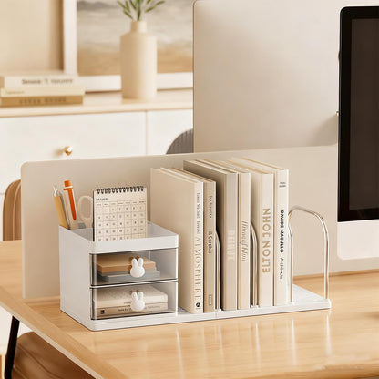 Desk Organiser with File Holder & Drawers, Versatile Desk Tidy Stationery Storage Pen Holder, Large Capacity Desktop Organizer for School Office Home (White)