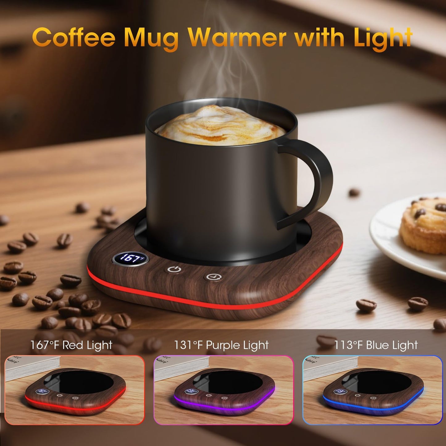 Coffee Mug Warmer Smart Cup Warmer for Desk, Upgrade Coffee Warmer with LED Light, 3 Temperature Control and Auto Shut Off Electric Beverage Warmer for Heating Coffee Milk Tea and Hot Chocolate（Wood）