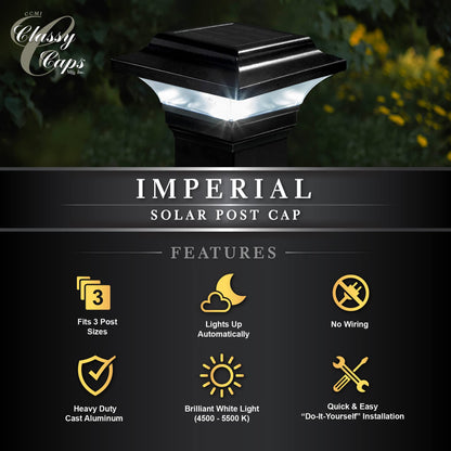 Classy Caps Imperial Solar Post Cap - Black SLO82B – Fits 2.5"x2.5", 2.25"x2.25", and 2"x2" Post Sizes, High-Performance Solar LED, Durable Cast Aluminum Construction
