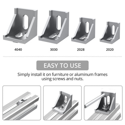 Justech 10PCS 4040 4080 Aluminum Extrusion Profile Connector, Corner Mounting Bracket L Shape Right Angle Joint Brace Inside Corner Bracket Slot 8mm with 40 PCS T Nuts and Hex Screw Bolts-Silver