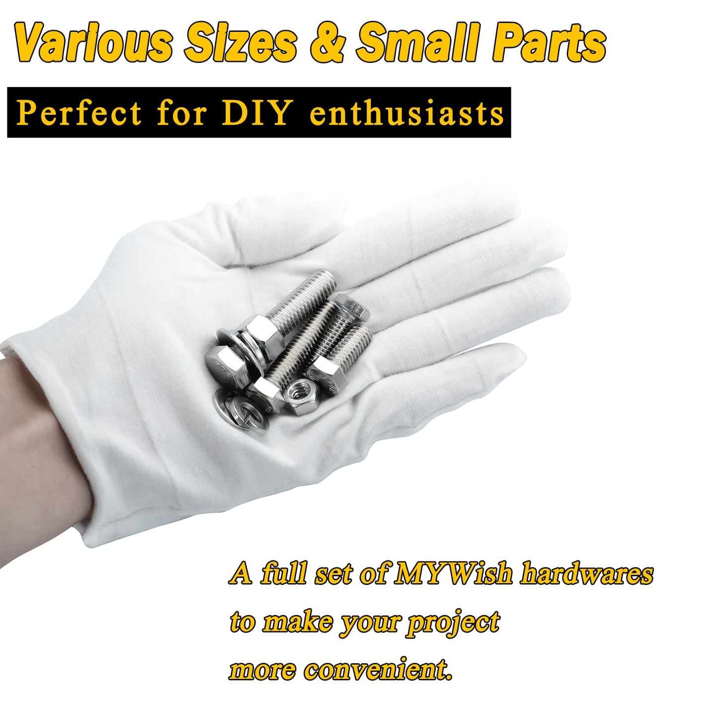 Mywish 254Pcs Bolts and Nuts Assortment, 1/4 20, 5/16 18, 3/8 16 Bolt, Heavy Duty 304 Stainless Steel Bolts and Nuts Kit with Flat Spring Washers, Includes 10 Common Sizes, Fully Threaded