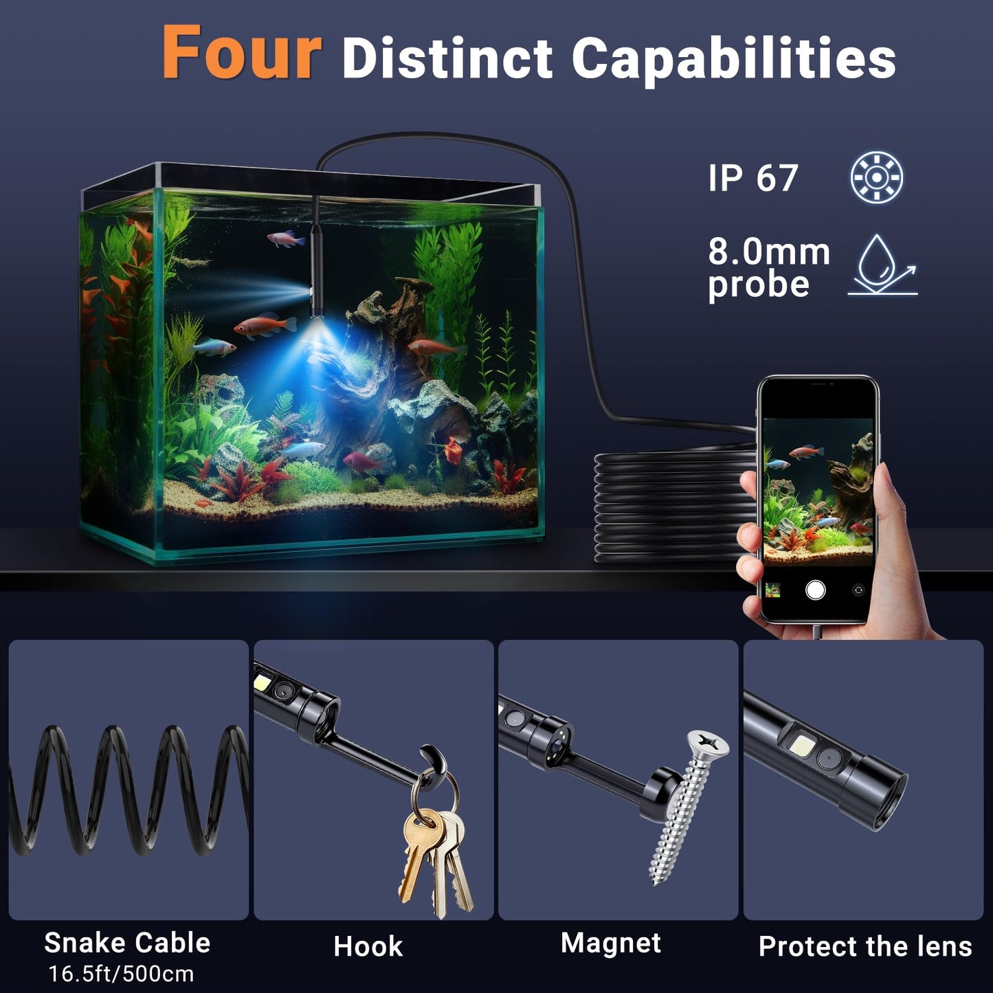 Preciva Endoscope Camera with Dual Lenses, 1920P HD Borescope Camera with 8 Adjustable LED Lights, 16.5ft Semi-Rigid for iOS and Android