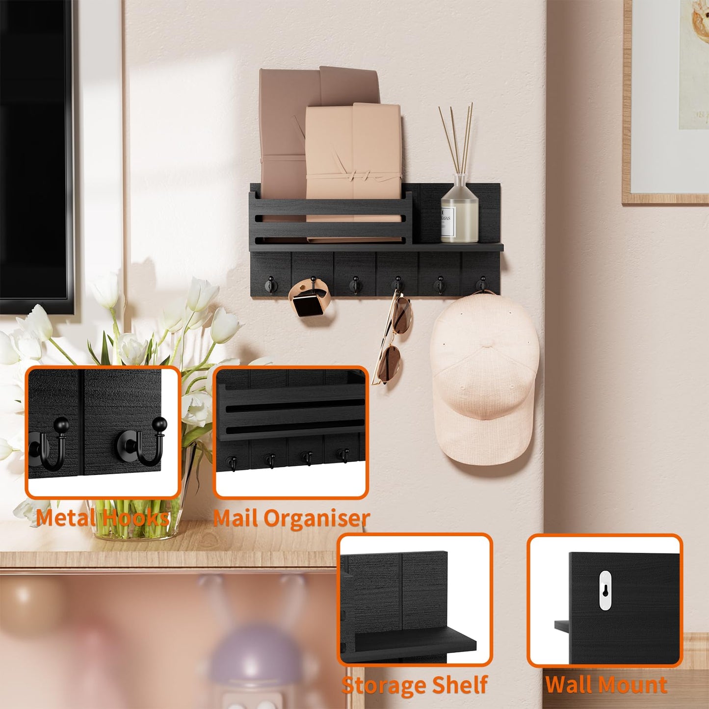SWTYMIKI Key Holder Wall Mount - Key Holder with Shelf Includes Letter Holder ＆ 6 Key Hooks, Paulownia Wood Key Rack with Mounting Hardware, Mail Organizer for Hallway, Entryway, Bedroom, Black