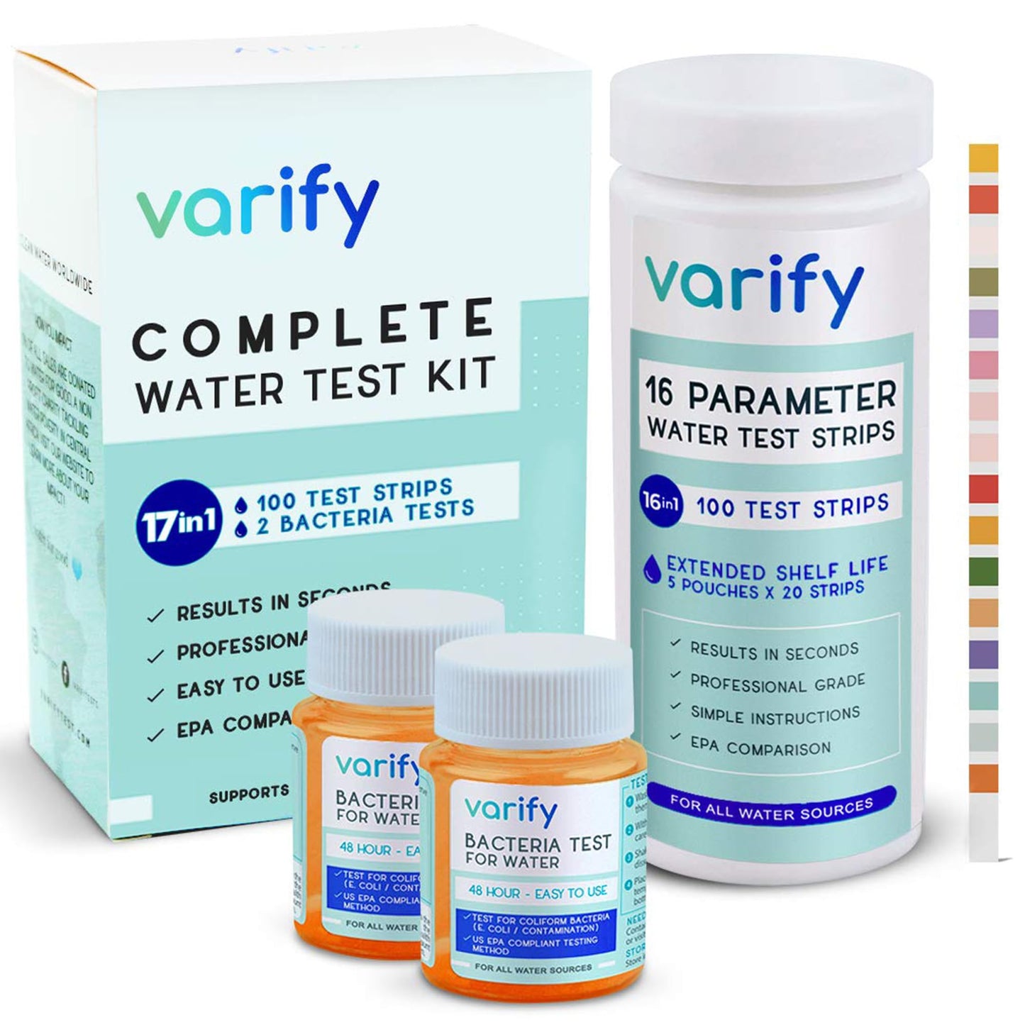 17 in 1 Premium Drinking Water Test Kit - 100 Strips + 2 Bacteria Tests - Home Water Quality Test - Well and Tap Water - Easy Testing for Lead, Bacteria, Hardness, Fluoride, pH, Iron, Copper and more!