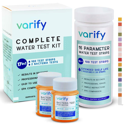 17 in 1 Premium Drinking Water Test Kit - 100 Strips + 2 Bacteria Tests - Home Water Quality Test - Well and Tap Water - Easy Testing for Lead, Bacteria, Hardness, Fluoride, pH, Iron, Copper and more!