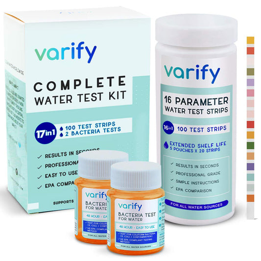 17 in 1 Premium Drinking Water Test Kit - 100 Strips + 2 Bacteria Tests - Home Water Quality Test - Well and Tap Water - Easy Testing for Lead, Bacteria, Hardness, Fluoride, pH, Iron, Copper and more!