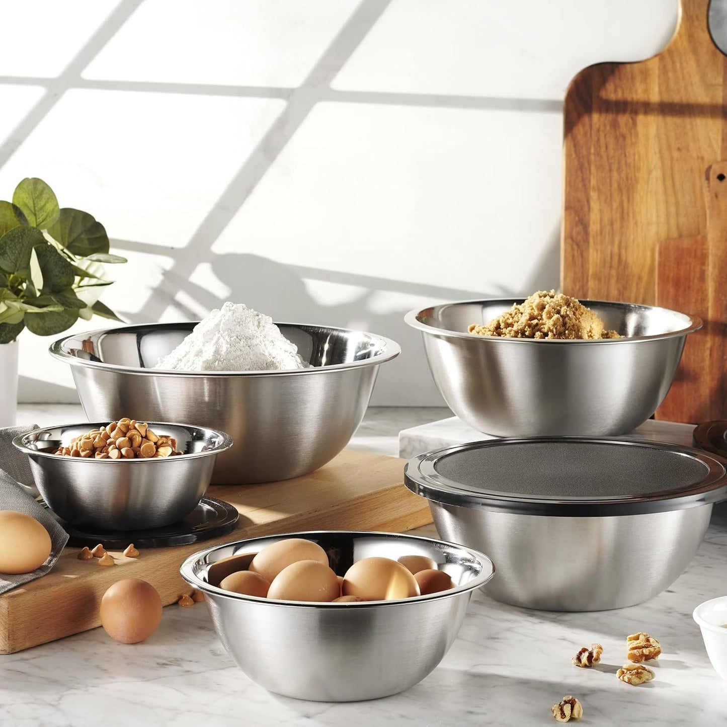 Abizarch Stainless Steel Mixing Bowls Set of 5, Small Metal Mixing Bowl for Kitchen Baking, Prepping, Cooking and Serving, Salad,Vegetables, Sizes 9.4“ 8.6“ 7.8” 6.3“ 5.5” (Lid not Included)