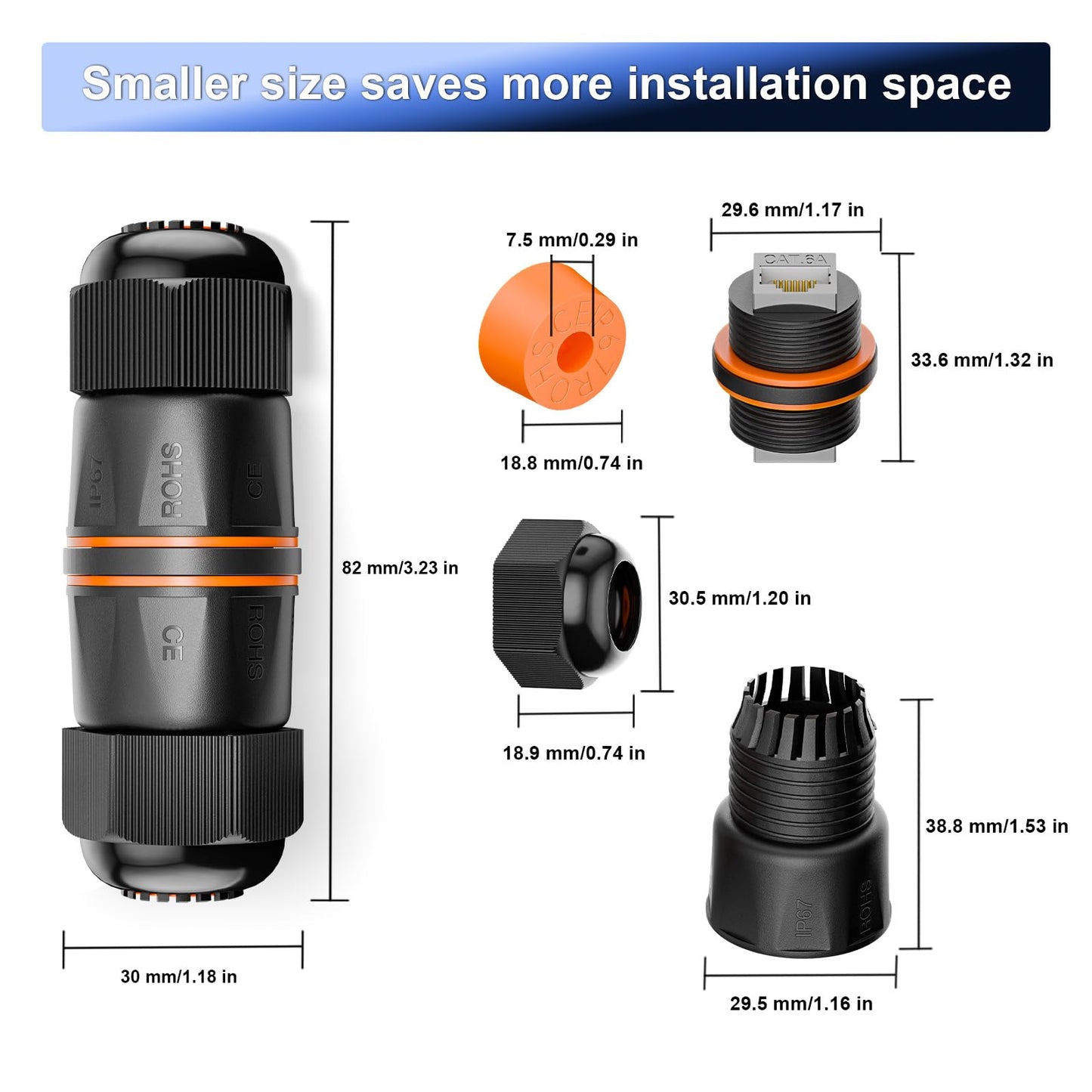 VCELINK Waterproof RJ45 Coupler 10Gbps Short Profile, CAT6A/CAT6 PoE Female-to-Female Outdoor Ethernet Connector Shielded, IP67 Network Cable Extender for Outdoor Use, 3-Pack