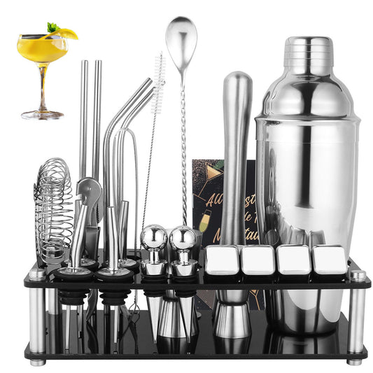 Cocktail Shaker Set, 25-Piece Stainless Steel Bartender Kit with Acrylic Stand & Cocktail Recipes Booklet, Professional Bar Tools for Bar Accessories, Drink Mixing, Home, Party