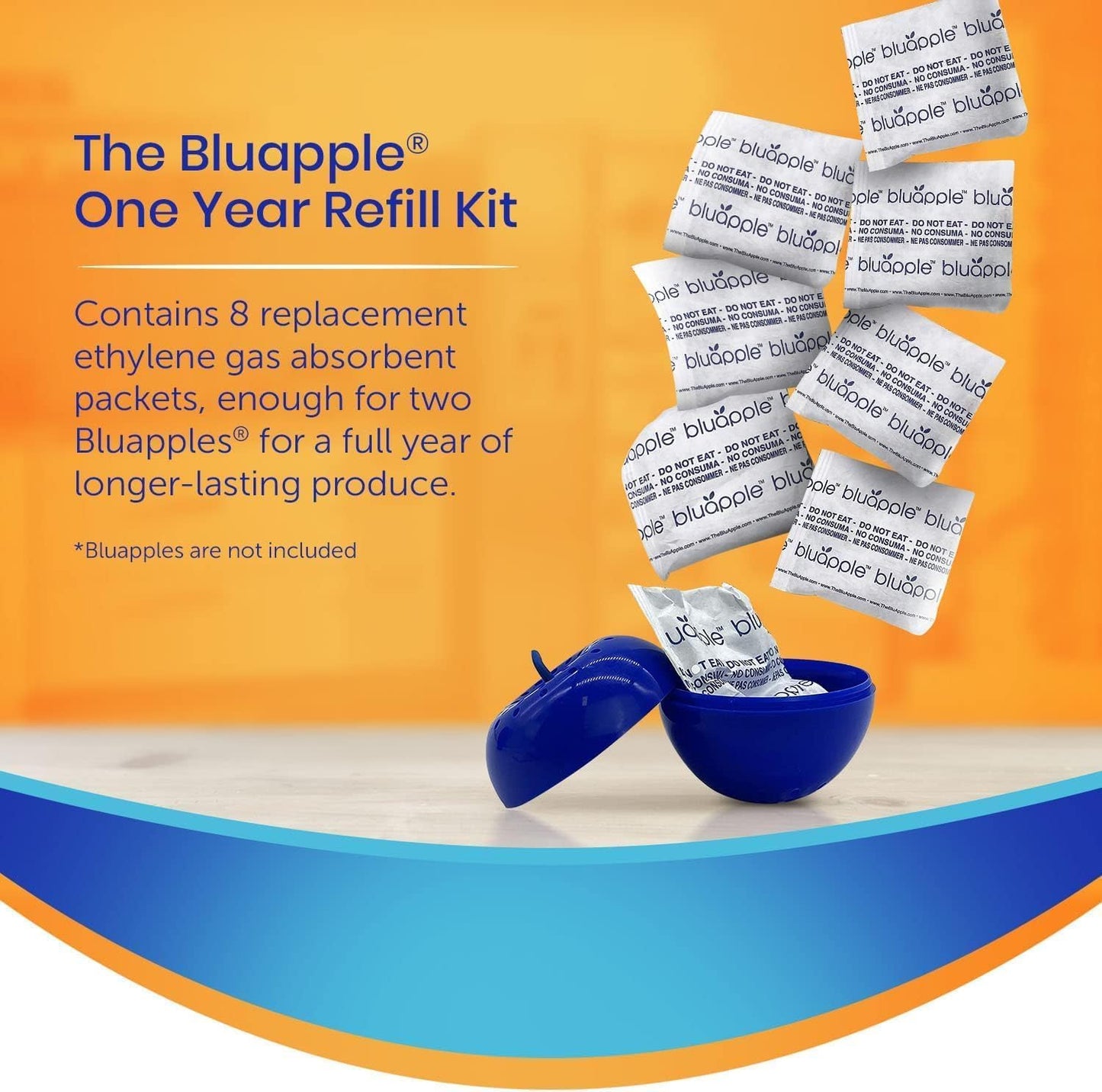 Bluapple Produce Saver Refill Kit - Keep Fruits and Vegetables Fresh Longer, 8 Veggie and Fruit Saver Packets, Each Packet Lasts up to 3 Months, Ethylene Gas Absorber