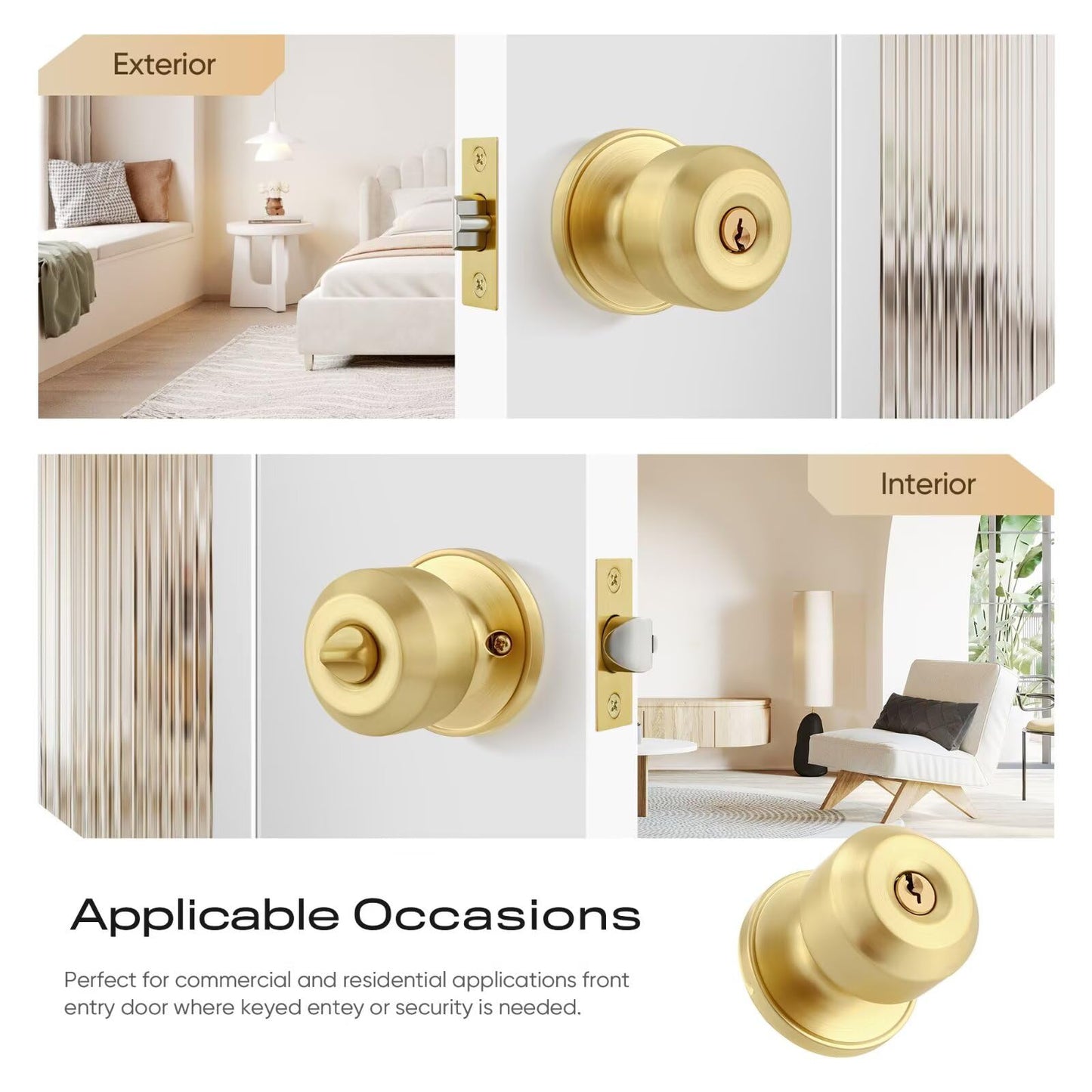Leydebong 1 Pack Keyed Entry Door Knobs with Lock, Gold Door Locks, Interior and Exterior Door Lock, Reversible for Right/Left Handing