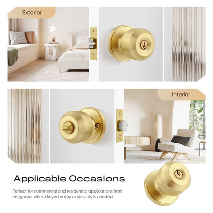 Leydebong 1 Pack Keyed Entry Door Knobs with Lock, Gold Door Locks, Interior and Exterior Door Lock, Reversible for Right/Left Handing