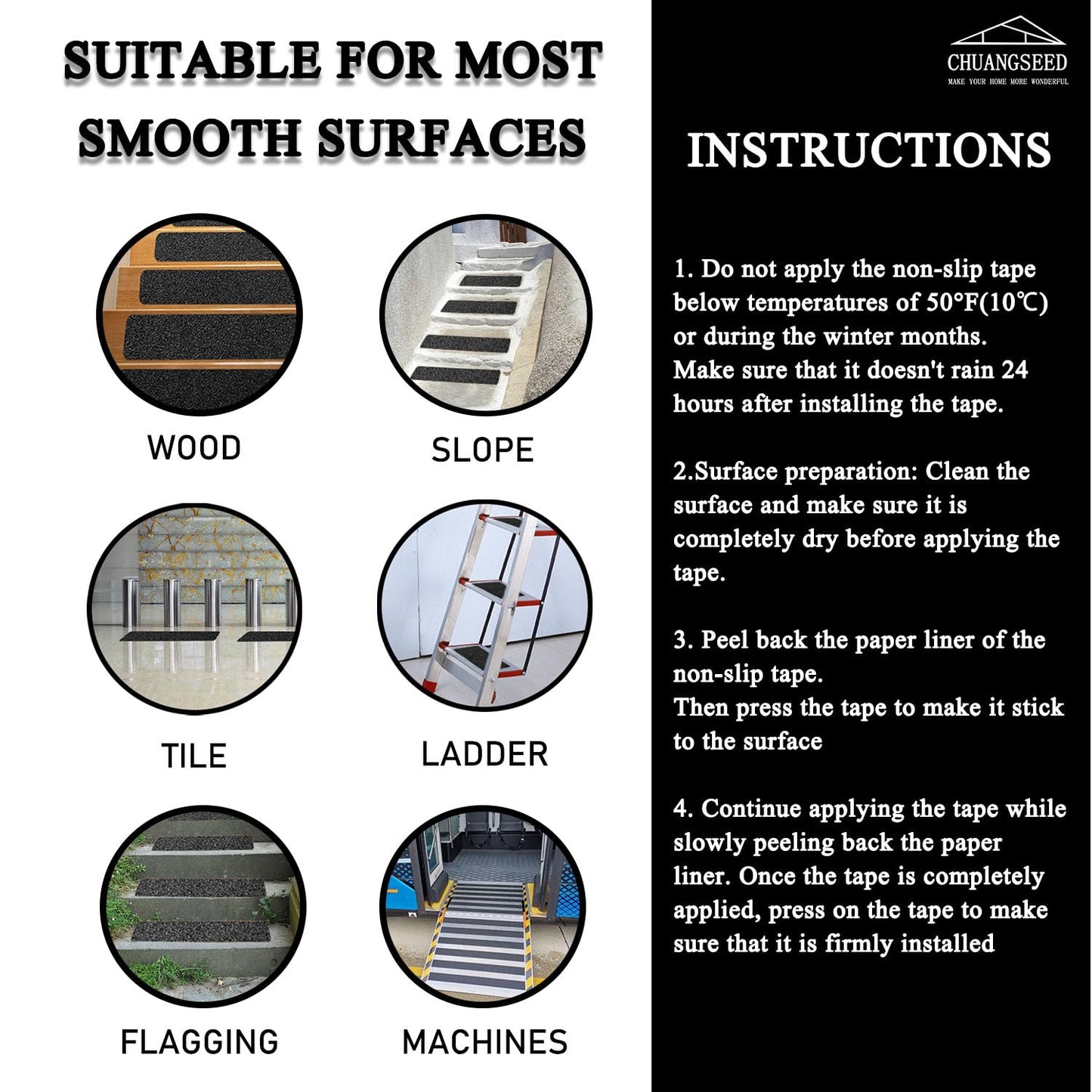 CHUANGSEED 12-Pack Non-Slip Stair Traction Tape 4''x30'' Black Anti Slip Tape 80 Grit Outdoor Treads Grip Tape- Waterproof Heavy Duty Anti Skid Strips for Steps,Deck,Staircase (Black, 4" x 30" x 12P)