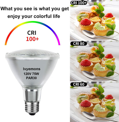 Ivyemons PAR30 Long Neck Halogen 75W 120V - 2 Pack PAR30 75W 120V Flood Bulb Warm White 2800K, PAR 30 Dimmable E26 Base, High Output 800LM 75W PAR 30 Halogen Bulb for Tracking Light, Recessed Light