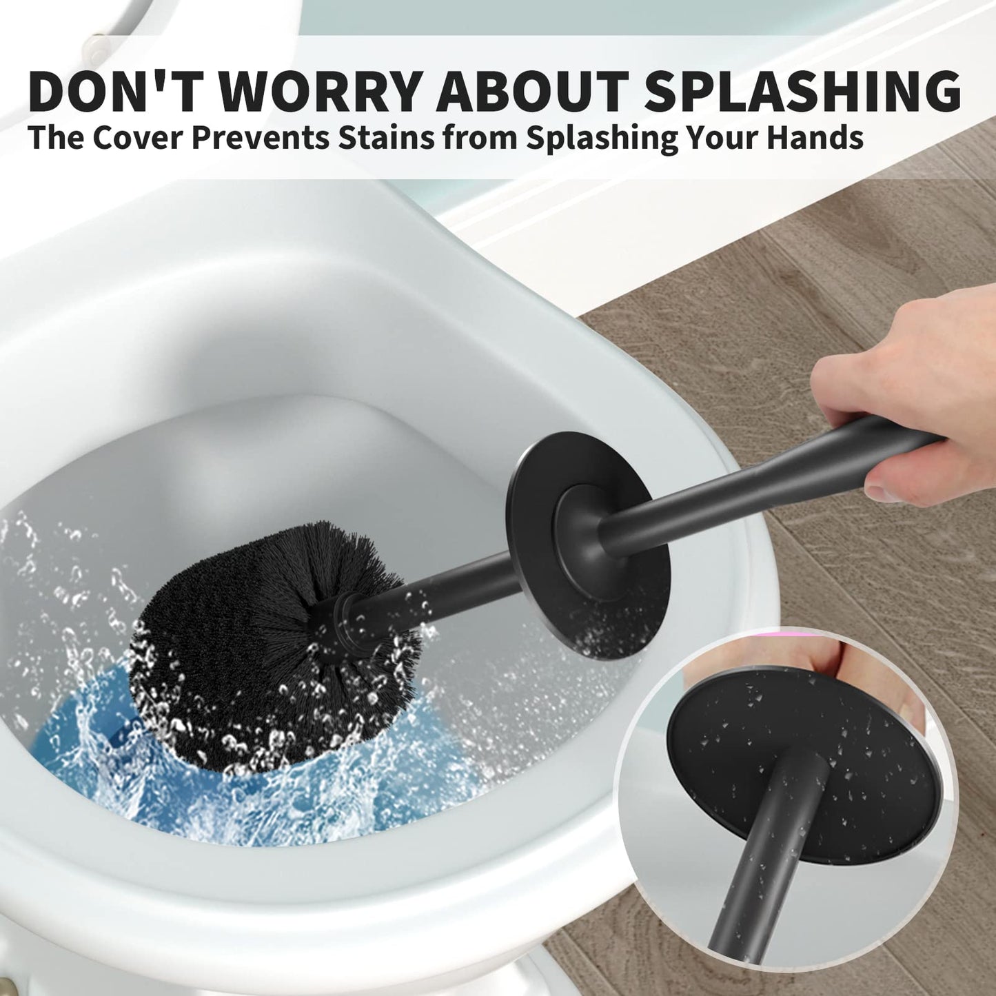 UPTRONIC Toilet Brush, Toilet Bowl Brush with Extra Long Handle Durable Bristles Toilet Scrubber and Covered Holder for Toilet Brush Set for Bathroom Cleaning (Black-02)