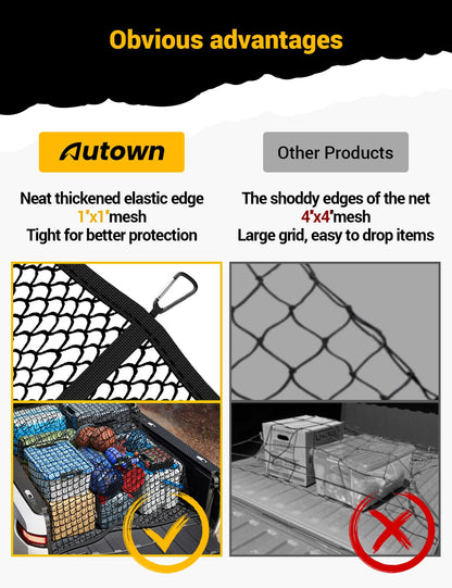 AUTOWN Cargo Net for Pickup Truck Bed - Stretchable 4'x4' to 7'x7', High Elastic Fine Mesh 1''x1'' with 8 Metal Carabiners - Ideal for ATV, SUV, UTV, Truck and Boat Use
