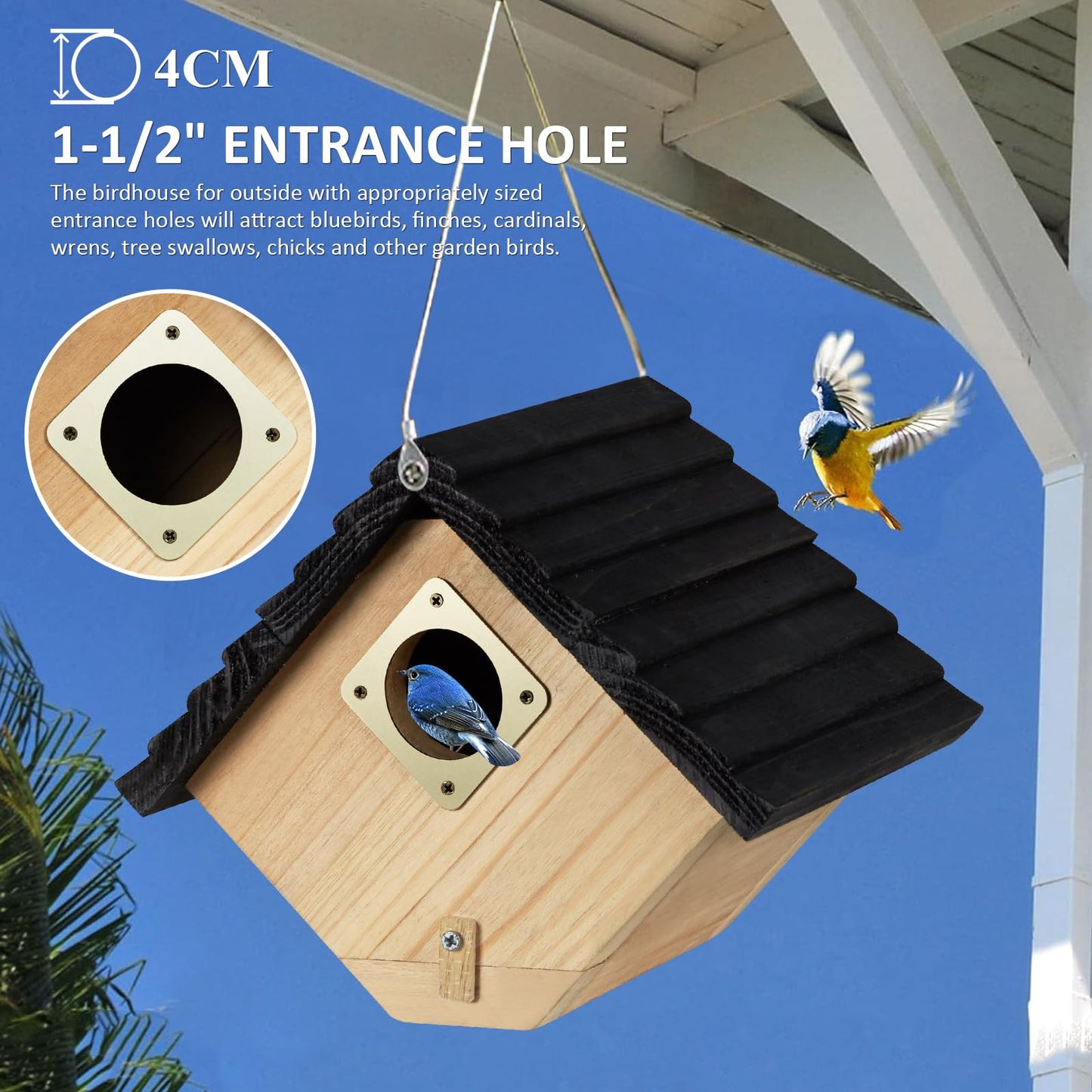 Bird House for Outside, Outdoor Bird Houses for Bluebirds, Finches & Cardinals - Natural Wooden Bird Nest with Easy Clean Design, Hanging Garden Decoration (8.5 x 6 x 6.8 Inch)